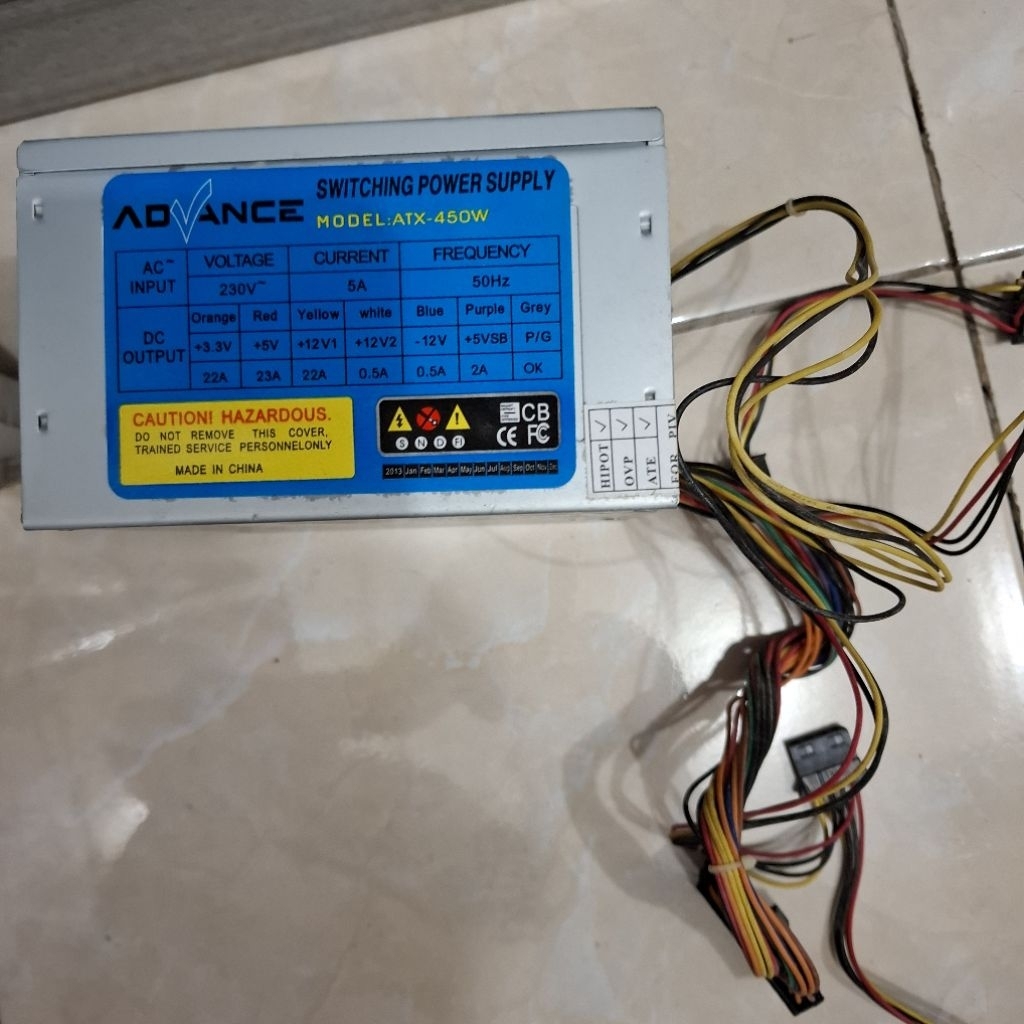 Power Supply PC PSU 450 W 24 pin Advance bekas rusak