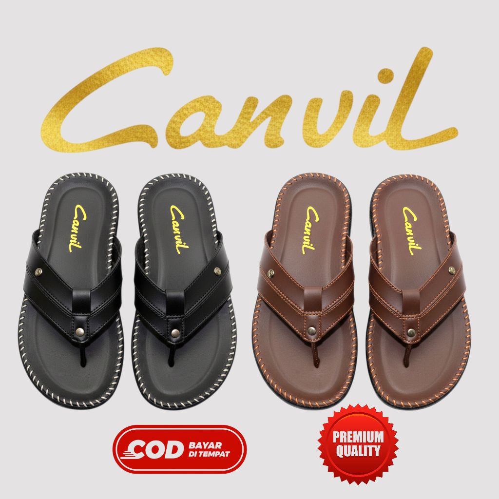 Sandal Slop Pria Canvil Original Premium - Sendal Selop Kulit Casual Ban 2 Hitam & Cokelat - Sandal 