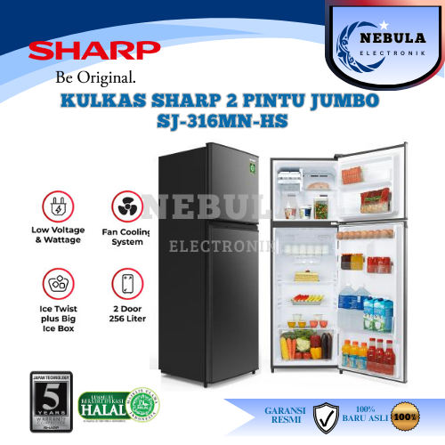 KULKAS SHARP 2 PINTU JUMBO SJ-316MN-HS 256/237 L TEMPERED GLASS MEGA CRISPER/LEMARI ES SHARP 2 PINTU