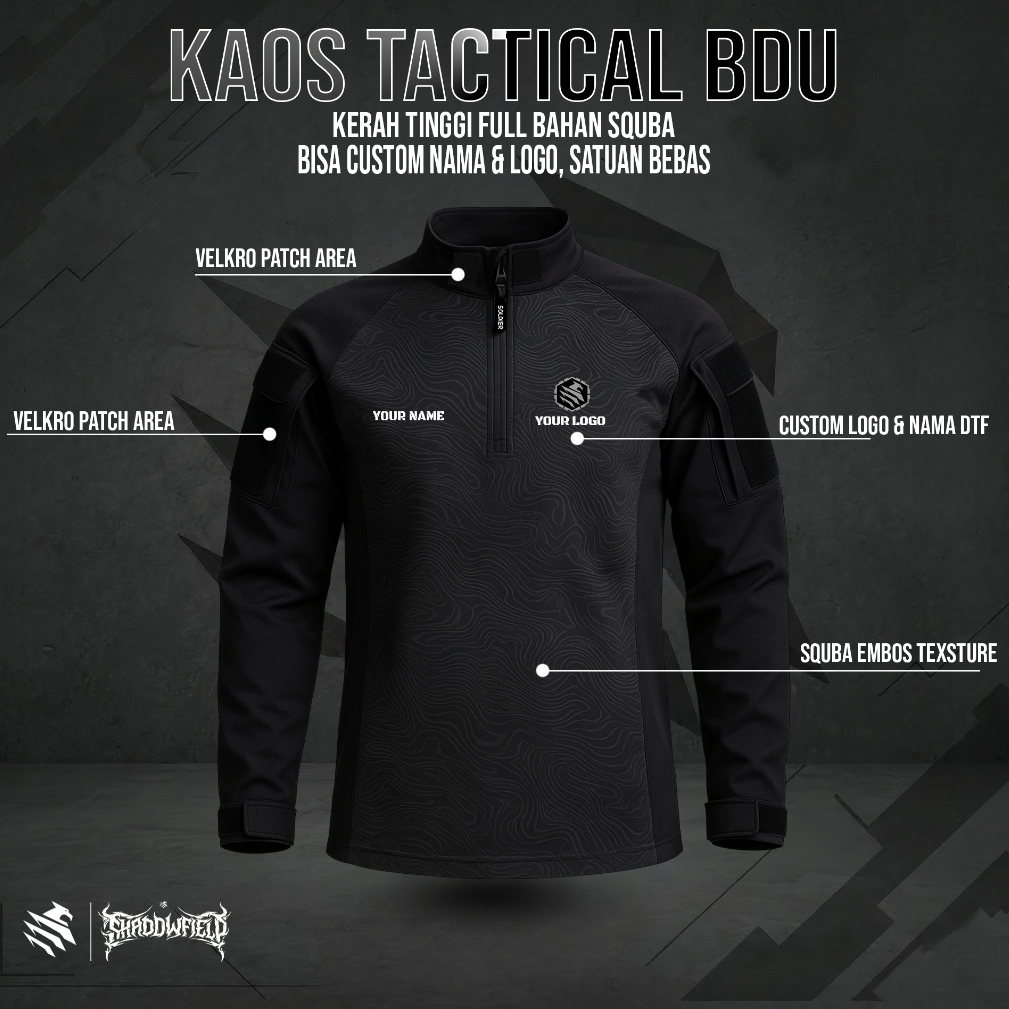 kaos tactical BDU Panjang (kerah tinggi) bisa custom logo dan tulisan -Shadowfield Series