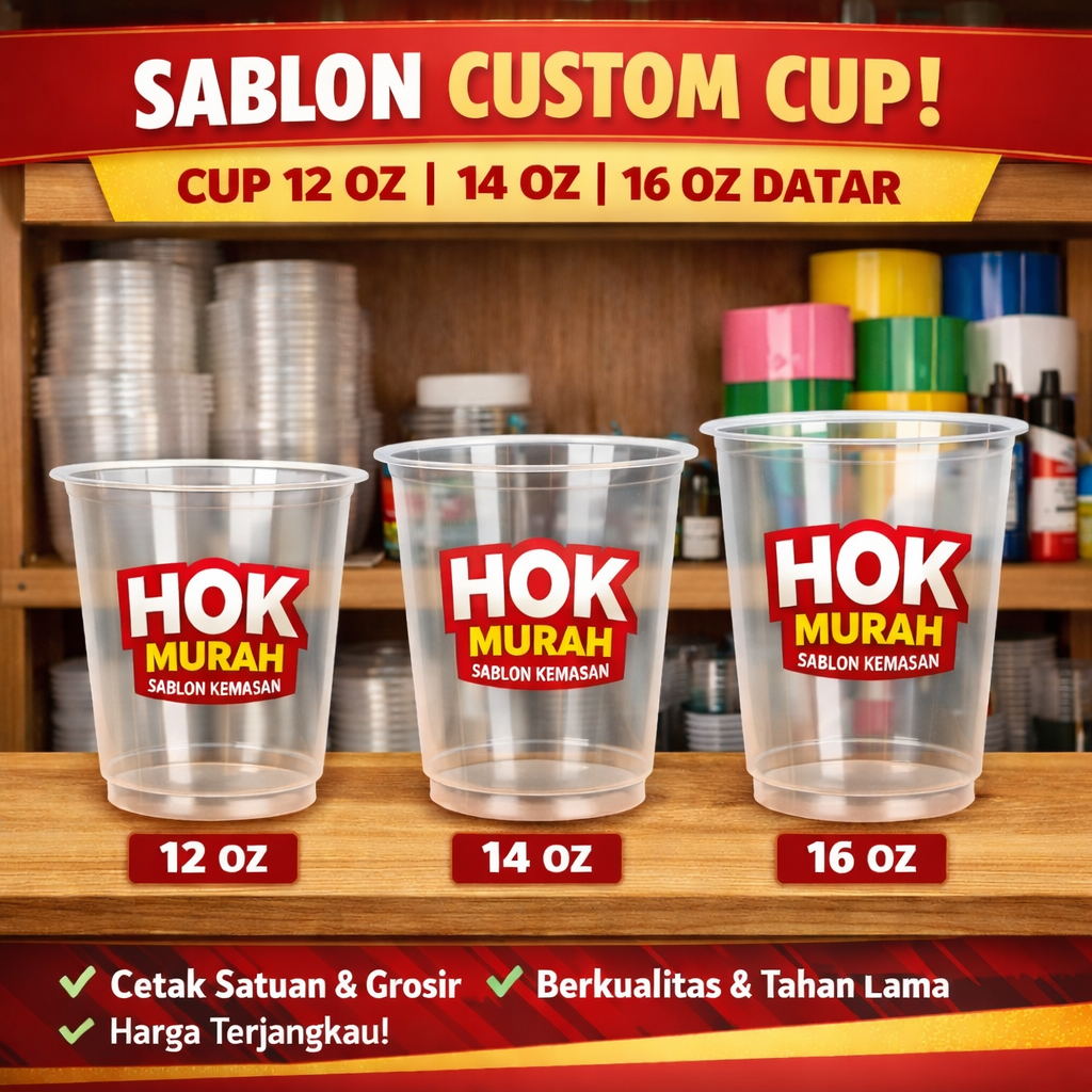 Sablon Custom Cup 12 oz 14 oz dan 16 oz  Datar Merk HOK