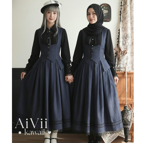 (AiVii) SETELAN OUJI LOLITA NAVY VEST DAN ROK HIJAB FRIENDLY