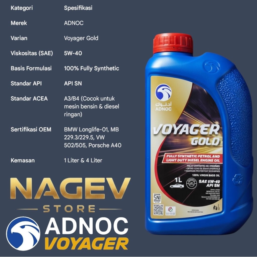 Oli Adnoc Voyager Gold Fully Syn 5w40 & 5w30 1L Oli Mobil Oli Motor Matic