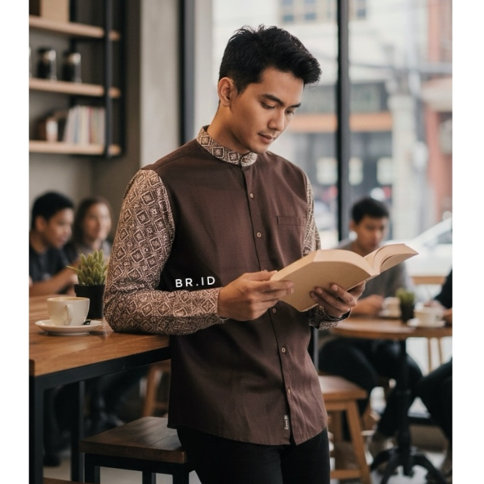 Koko Pria Shanghai Kemeja Koko Pria Lengan Panjang Kombinasi Batik Bahan Lembut Nyaman Warna Hitam S