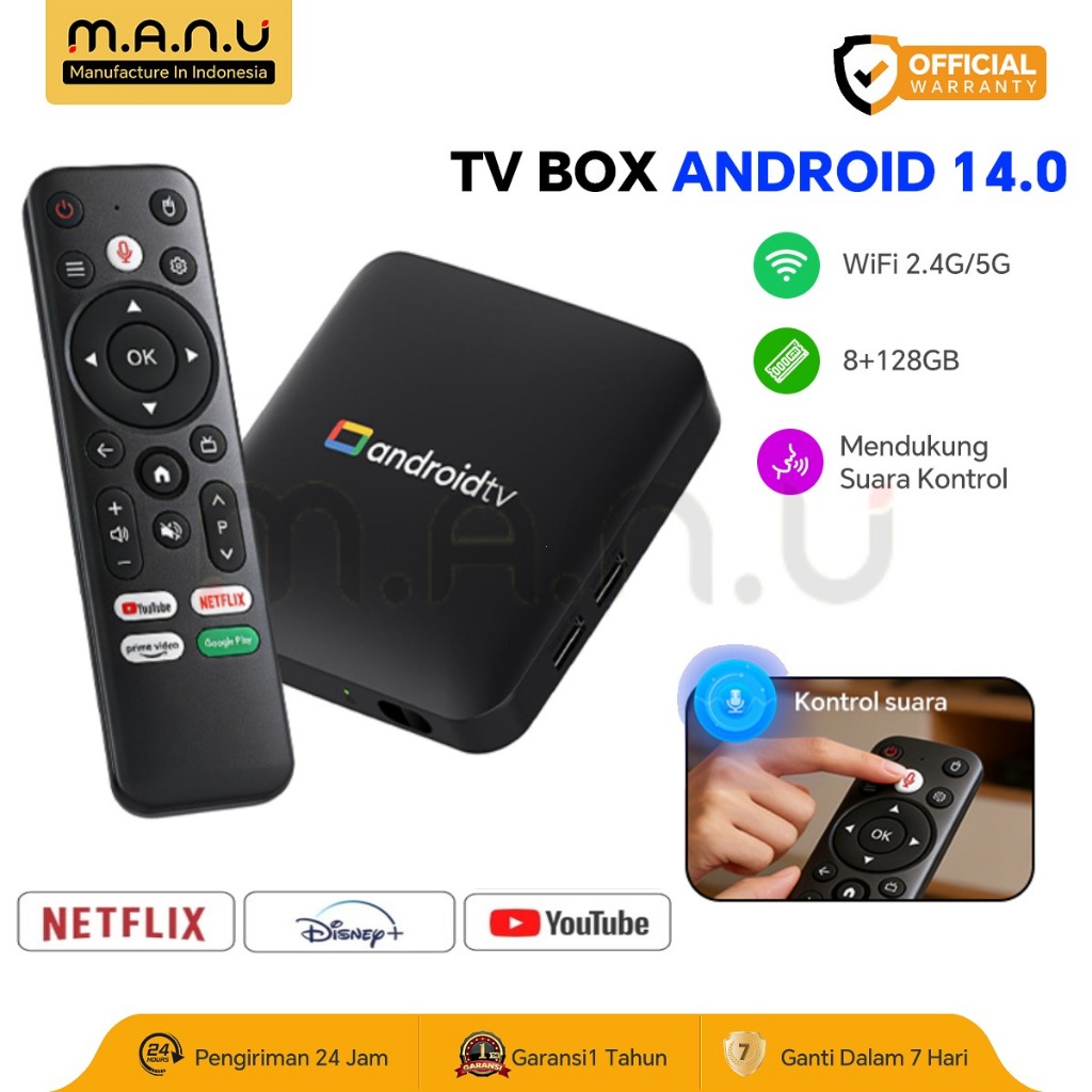 MANU TV Box Android 14.0 Dengan Remote Kontrol Suara 4K Ultra HD Ram 8GB Rom 128GB Dual Band WiFi Sm