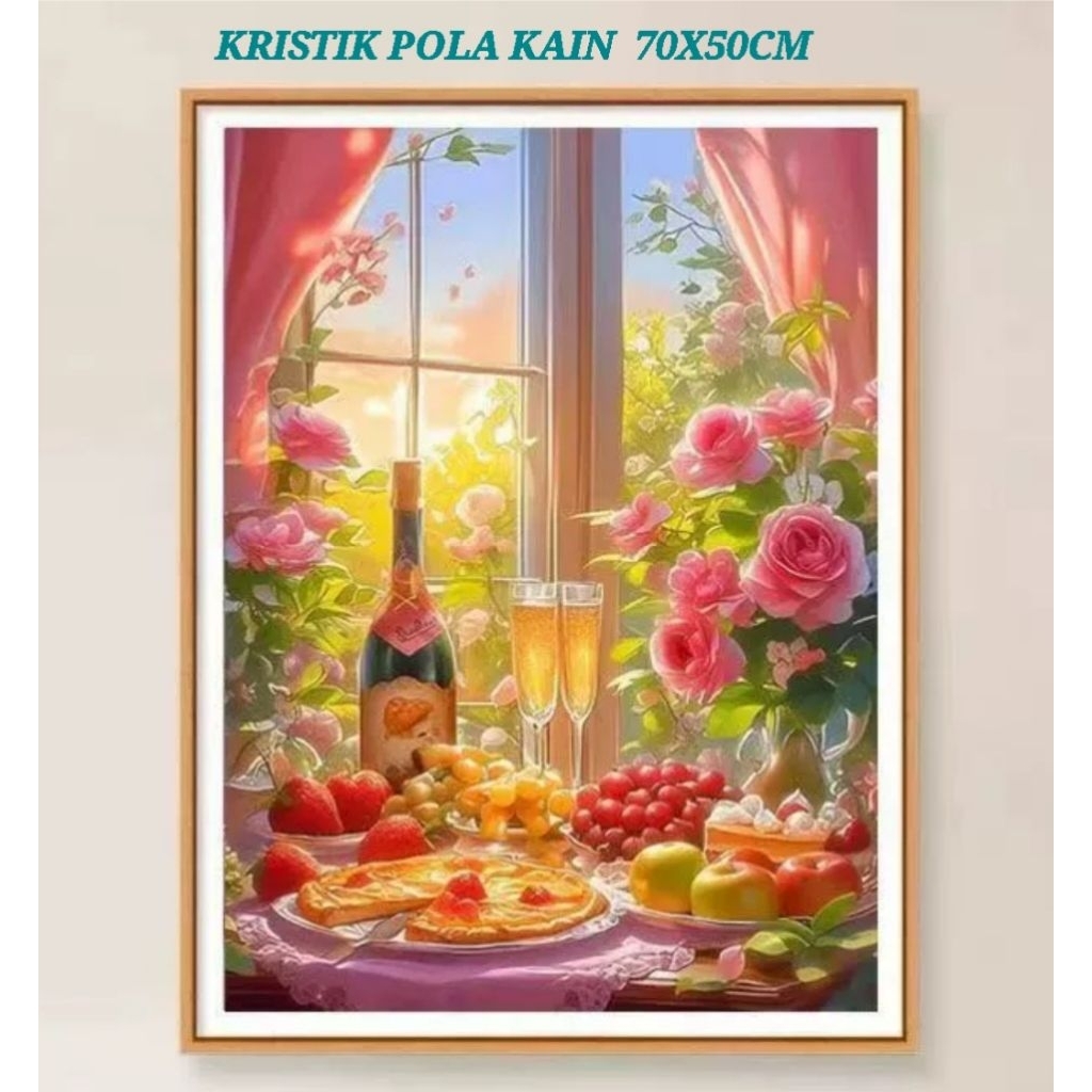 Paket kristik bunga mawar pizza pie buah wine pola kain cross stitch kit 11ct sulaman