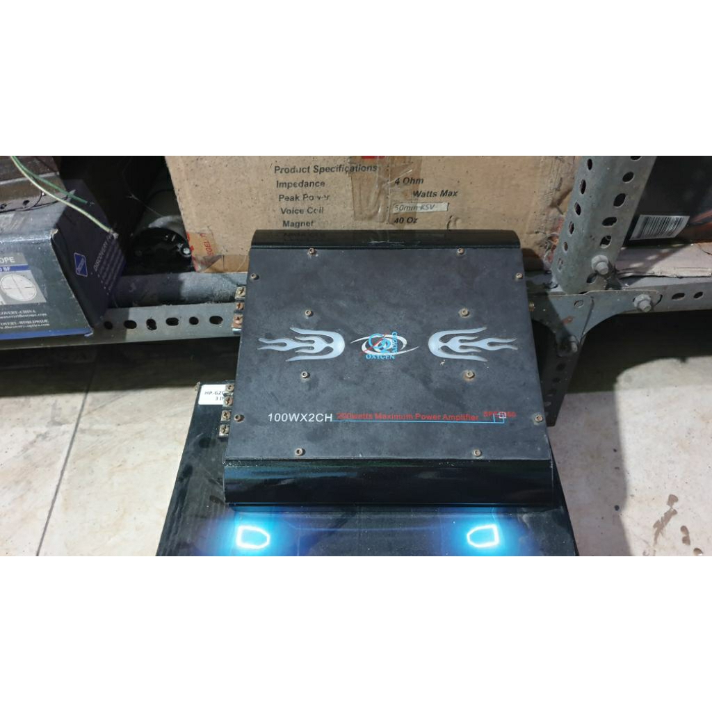 power amplifier mobil 2channel stereo bridge 2x100watts oxygen audio second bekas normal siap pakai 