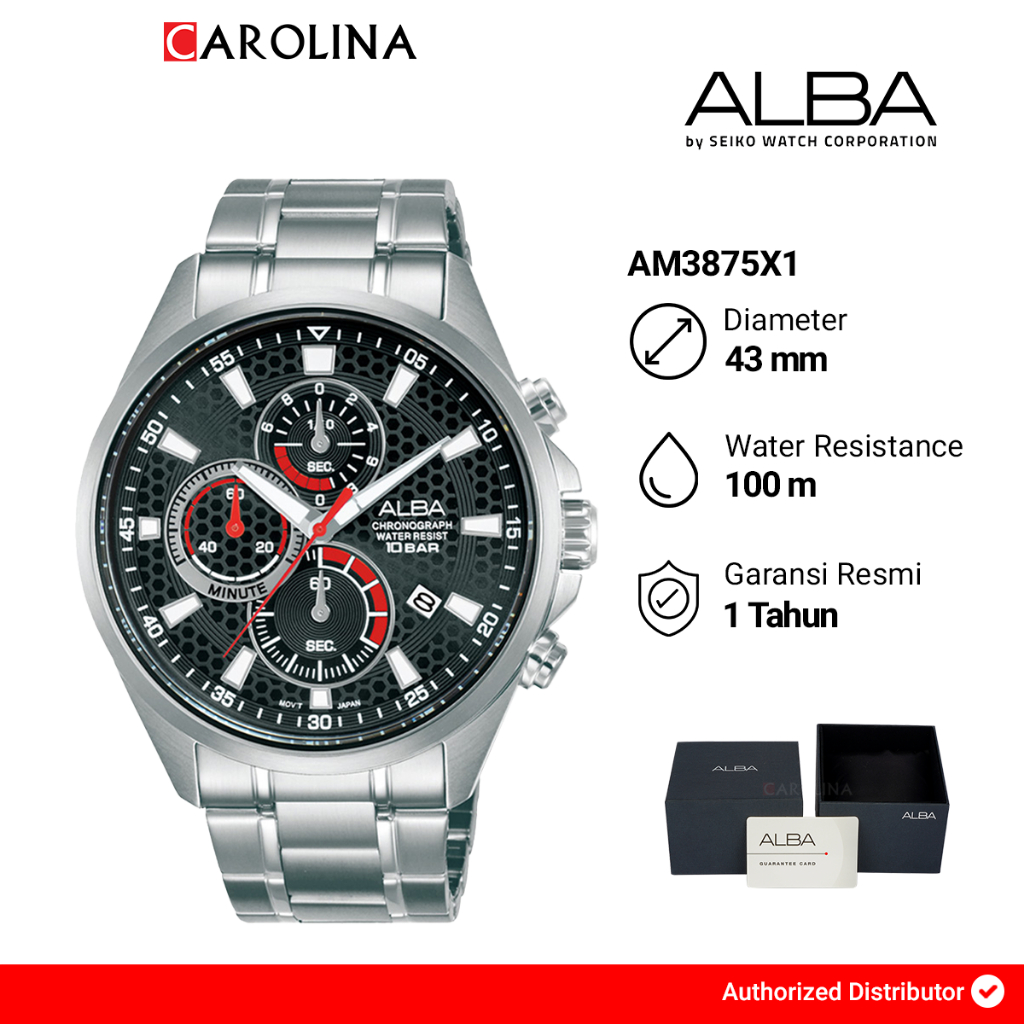 Jam Tangan Pria Alba Active AM3875X1 Black Pattern Dial Silver Stainless Steel