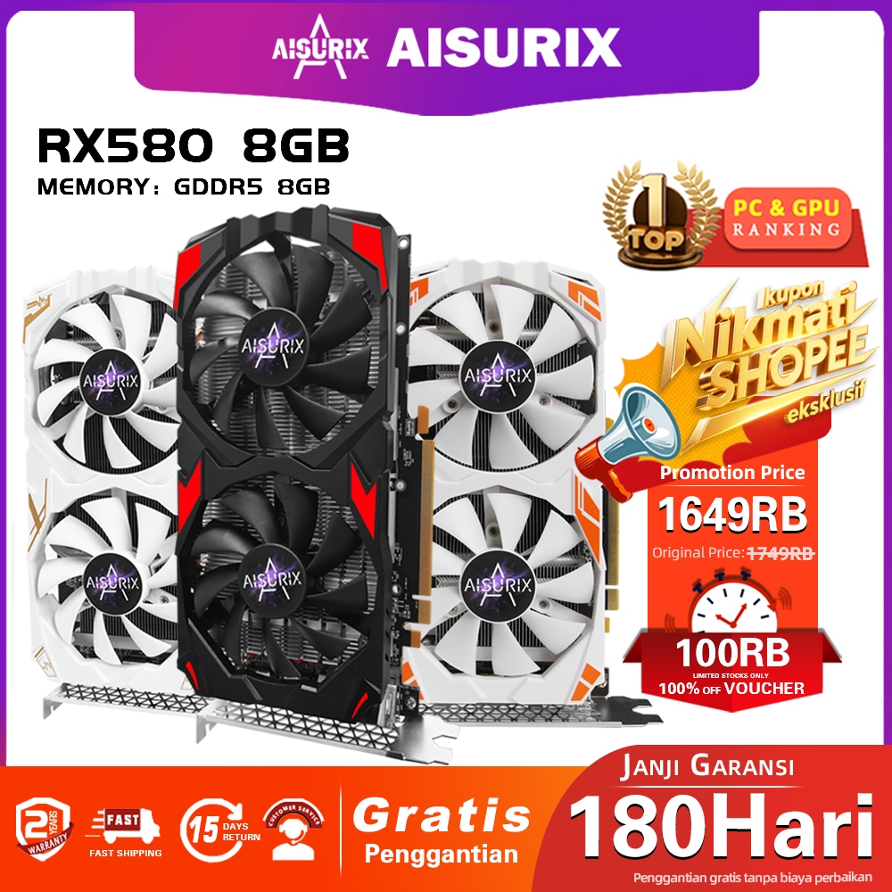 AISURIX VGA Card RX 580 8GB GDDR5 256Bit 2048SP HDMI PC Gaming AMD Radeon RX580 8G VGA