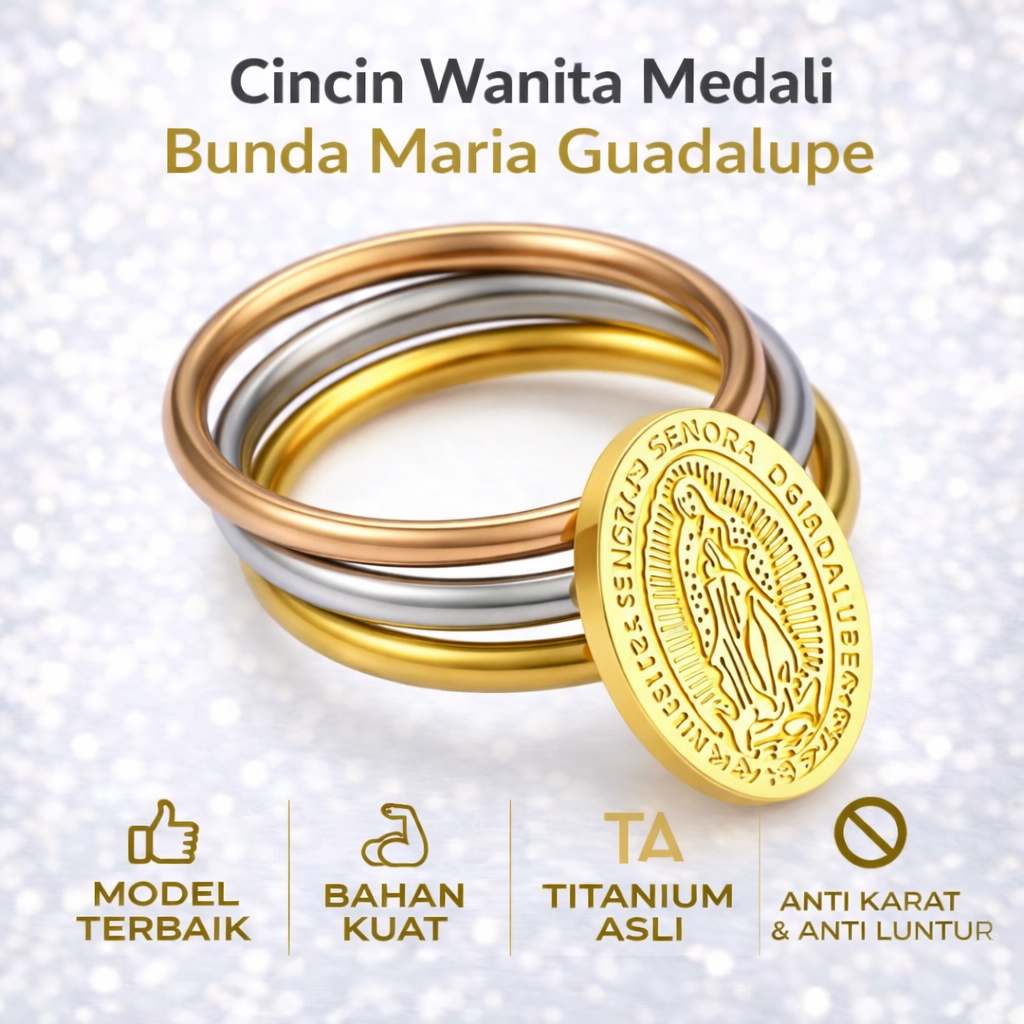 ALPHA OMEGA - Cincin Wanita Katolik Medali Bunda Maria Guadalupe Titanium | Elegan & Anti Karat