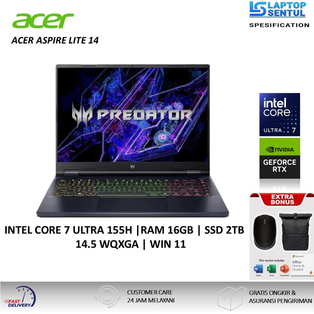 Acer Predator Helios Neo 14 PHN14 51 Intel Ultra 7 155H Nvidia RTX4070-8GB 2TB SSD WQXGA Black