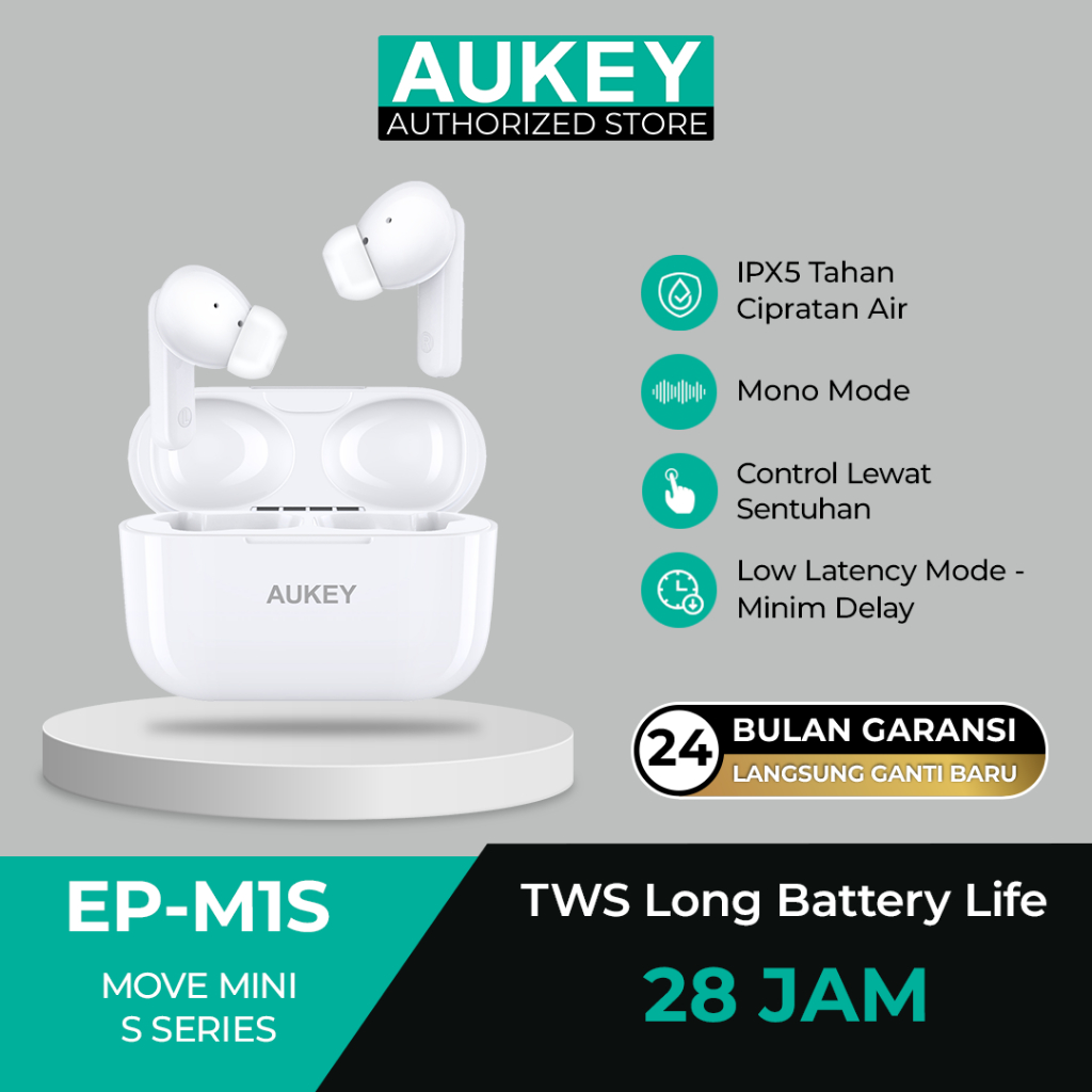Aukey TWS Long Battery Life BT 5.2 Stylish Earphone Touch Control Earbuds Voice Assistant Technology