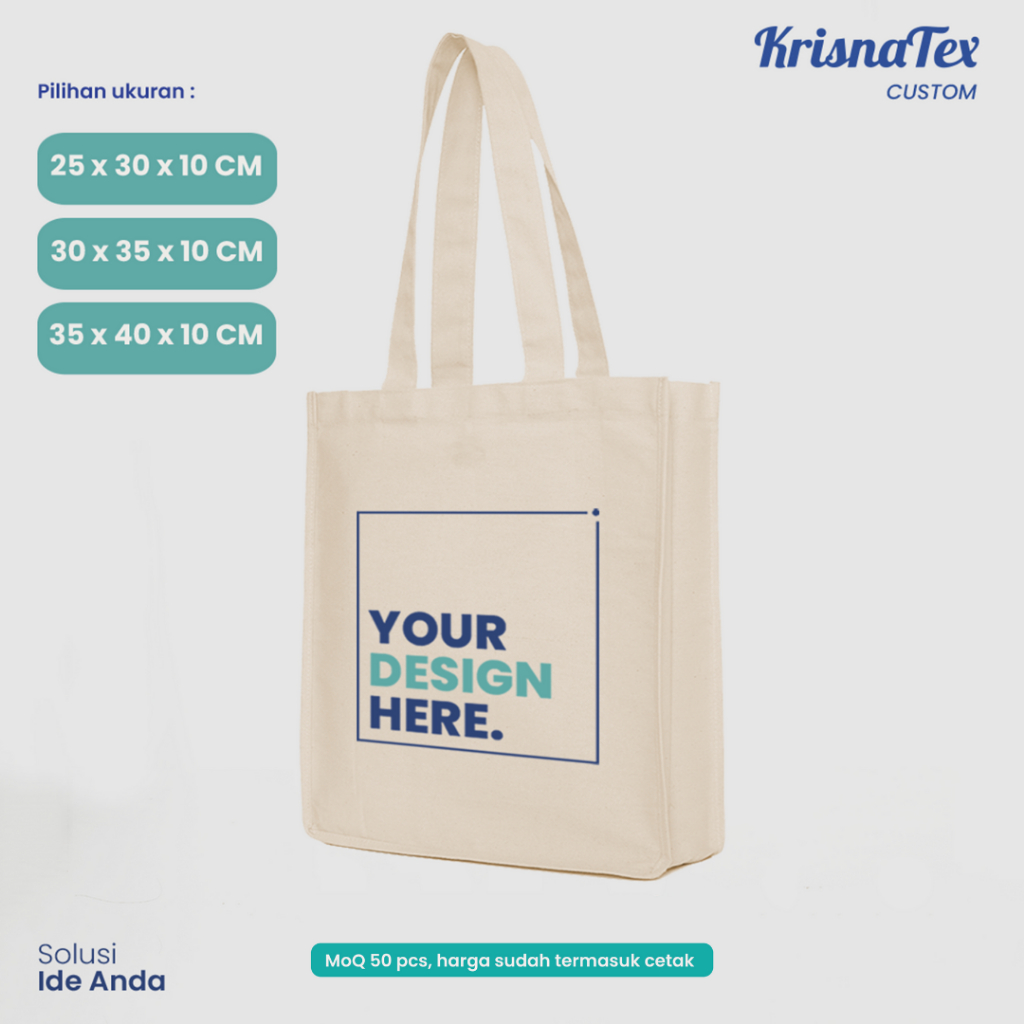 Custom Tote Bag Gusset Kanvas Natural - Tas Promosi Souvenir Hadiah