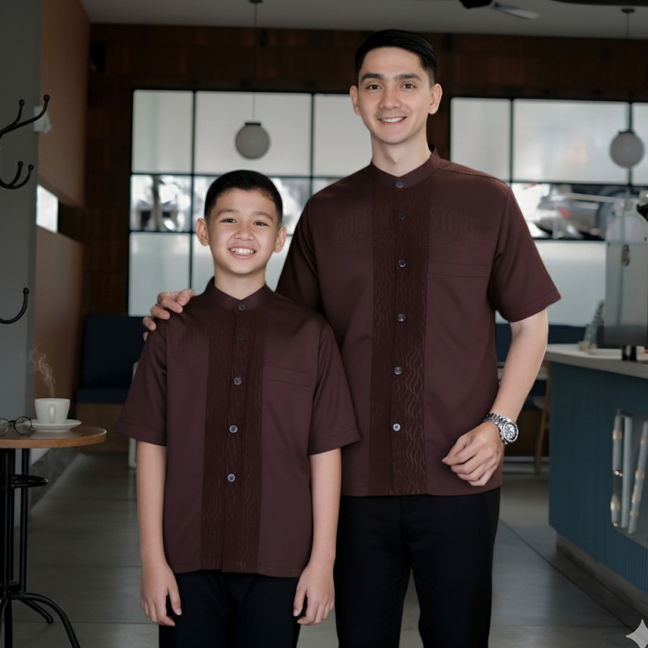Baju Koko Couple Ayah Dan anak Laki Laki Lengan Pendek Motif embos Kain Katun Toyobo Import