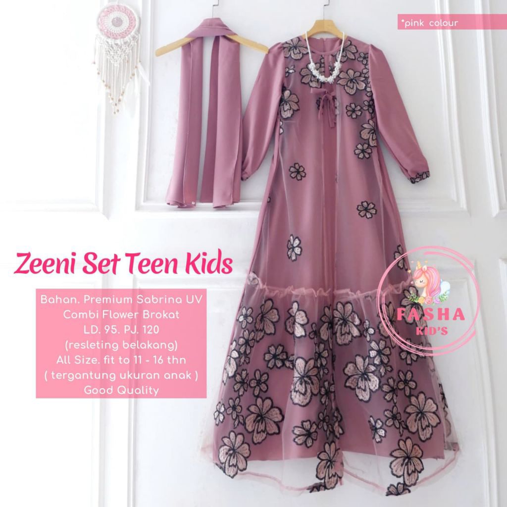[ ata.id kids ] Zeeni dress outer brokat muslim anak perempuan free hijab by Fasha kids