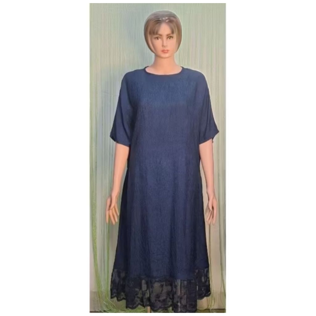 long dress wanita jumbo biru navy lengan pendek combi brukat, big size