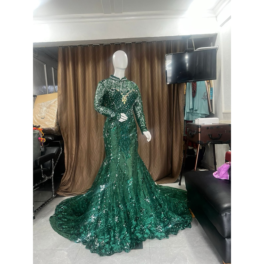 kebaya gaun pengantin hijau emerald ijo botol full payet