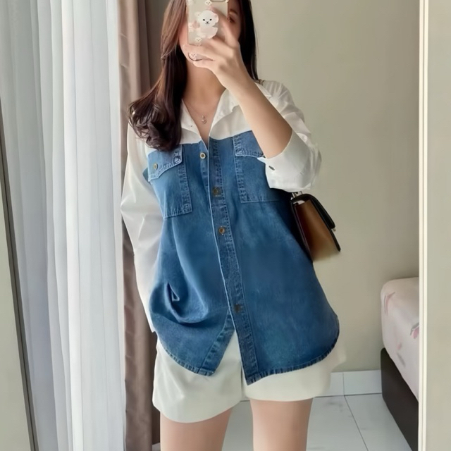Kemeja Jeans Kombinasi Lengan Panjang Kemeja Wanita Jeans Kombinasi Atasan Wanita