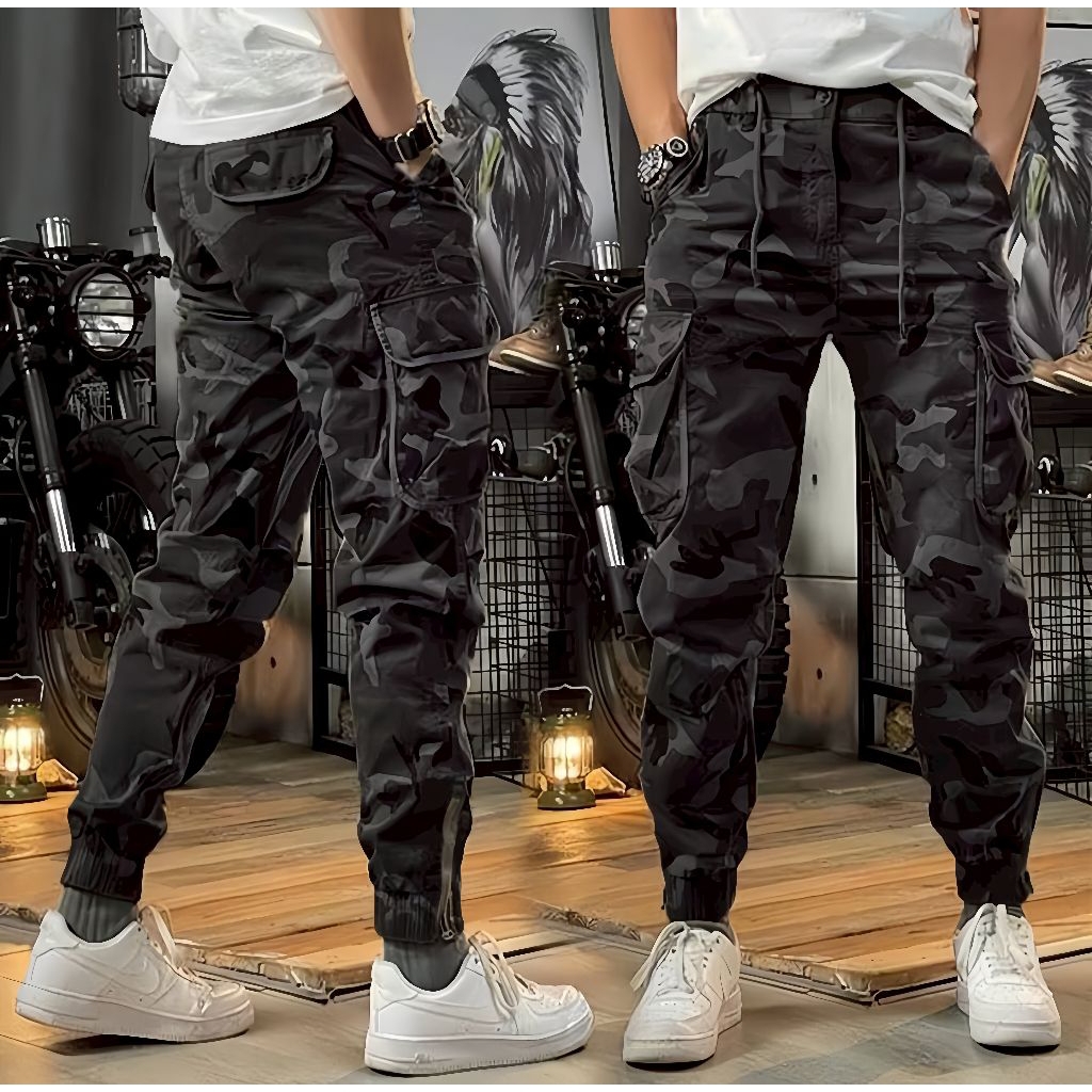 Celana Cargo Army Pria Jogger Loreng Hitam