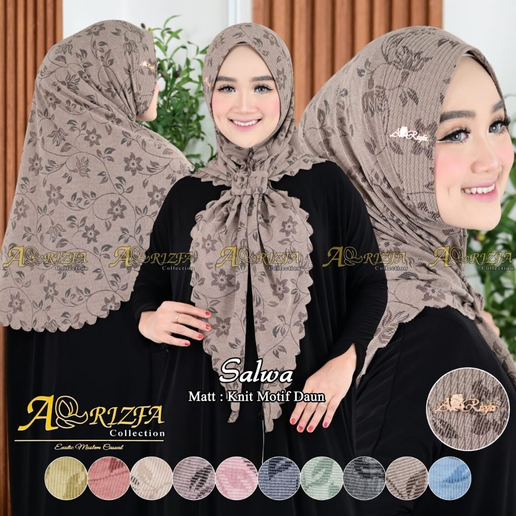 [AR-RIZFA] SALWA•hijab segitiga instan pet sabit•hijab knit motif daun•jilbab segitiga laser cut•ker