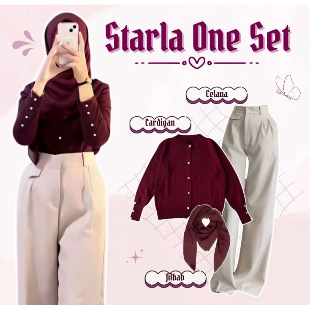 Outfit Maroon Remaja Simple / One Set Wanita / Cardigan Starla, Hijab, Oro Pants Haighwaist  / Setel
