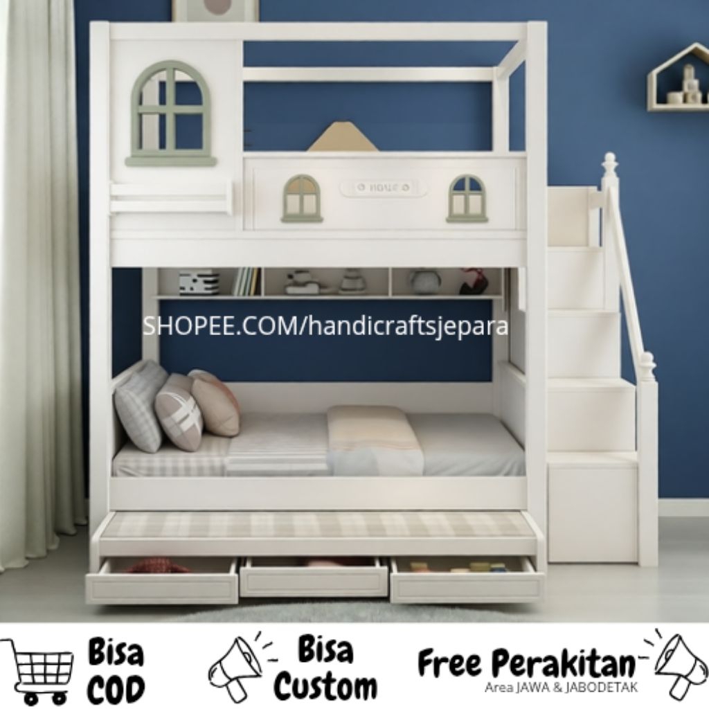 Ranjang Tingkat 2 Susun Kayu Minimalis , Tempat Tidur Anak Laci Penyimpanan