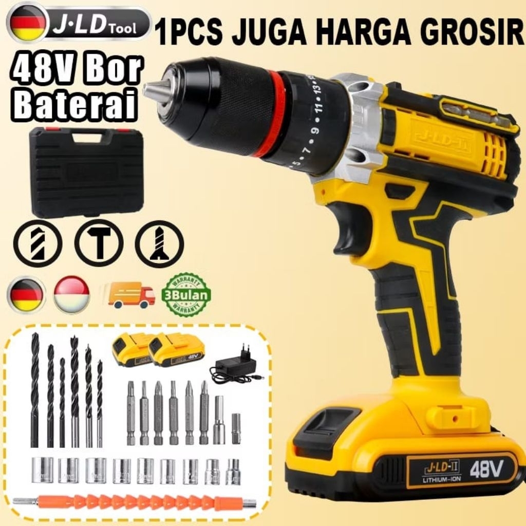 JLD II Bor 2Baterai Set Lengkap 48VF 10mm Reversible/ Bor Listrik Modern Tanpa Kabel