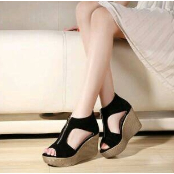 SEPATU SANDAL WANITA WEDGES HAK HEELS 9 cm KEKINIAN FASHION KOREA STYLE KS05 HITAM BLACK PREMIUM BRA