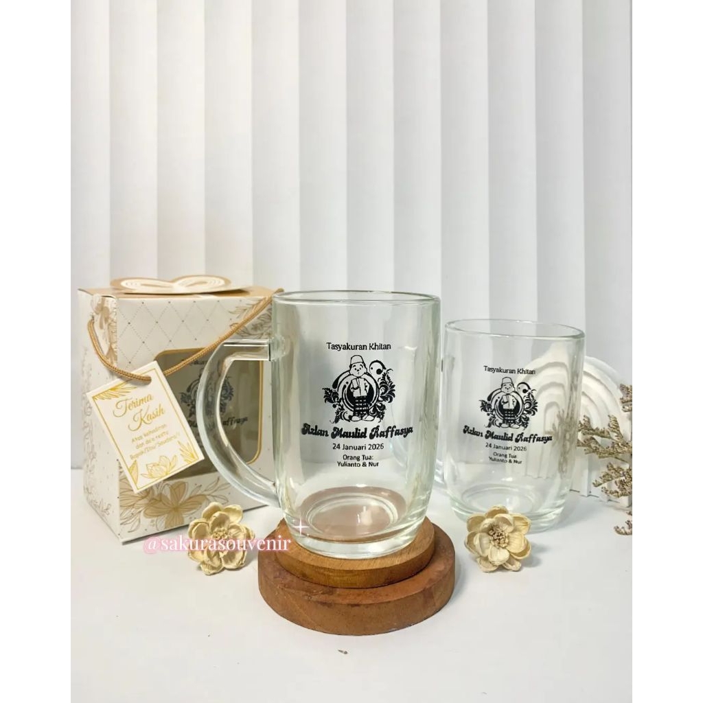 SOUVENIR GELAS CG JUMBO CETAK SABLON KEMAS BOX MOTIF