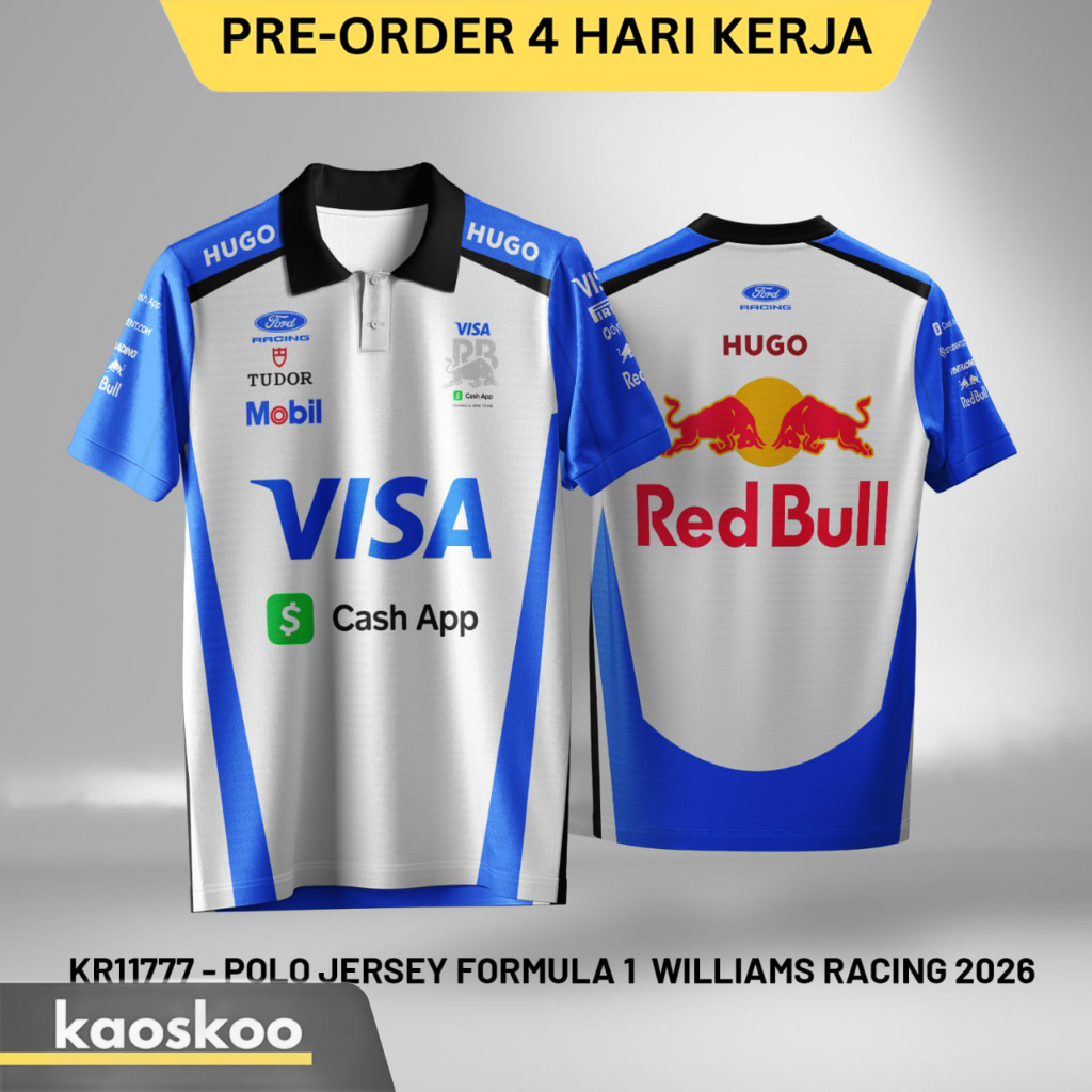 Jersey F1 Redbull Red Bull Visa Cash App Hugo Polo Kerah Kancing