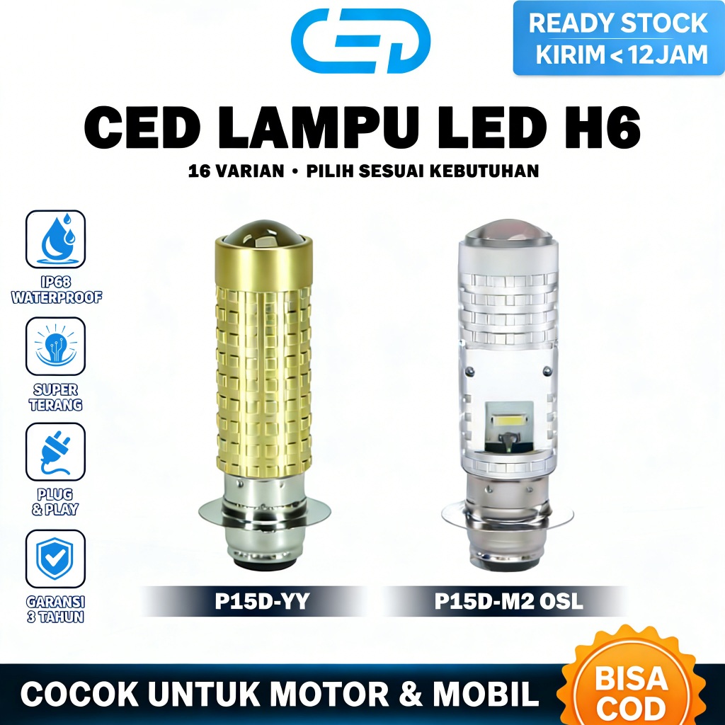 CED Lampu LED Motor H6 P15D – 30W Ultra Bright | IP68 Waterproof | Plug & Play | Garansi 3 Tahun