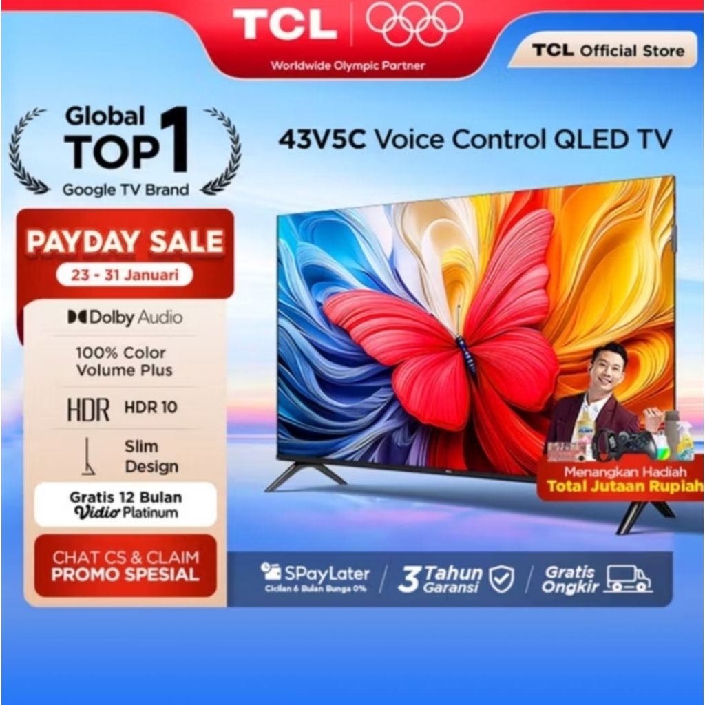 TCL 43v5c QLED Google Tv 43Inch 2K FHD - HDR10 - Google Play/Netflix/Youtube dll