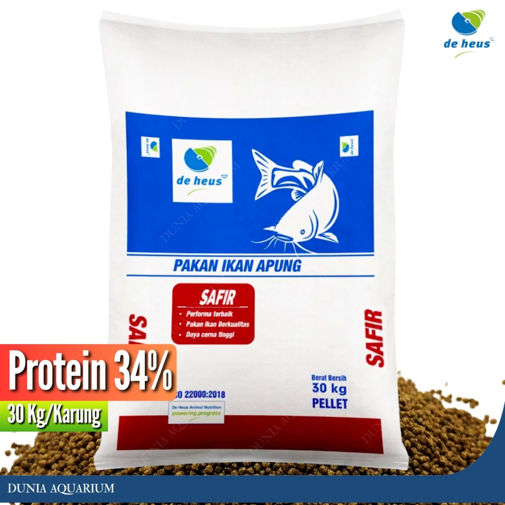 DE HEUS SAFIR - Pakan Ikan Protein 34% Ukuran Pakan 2-3mm Netto 30Kg / Pakan Pelet Ikan Lele Nila Ma