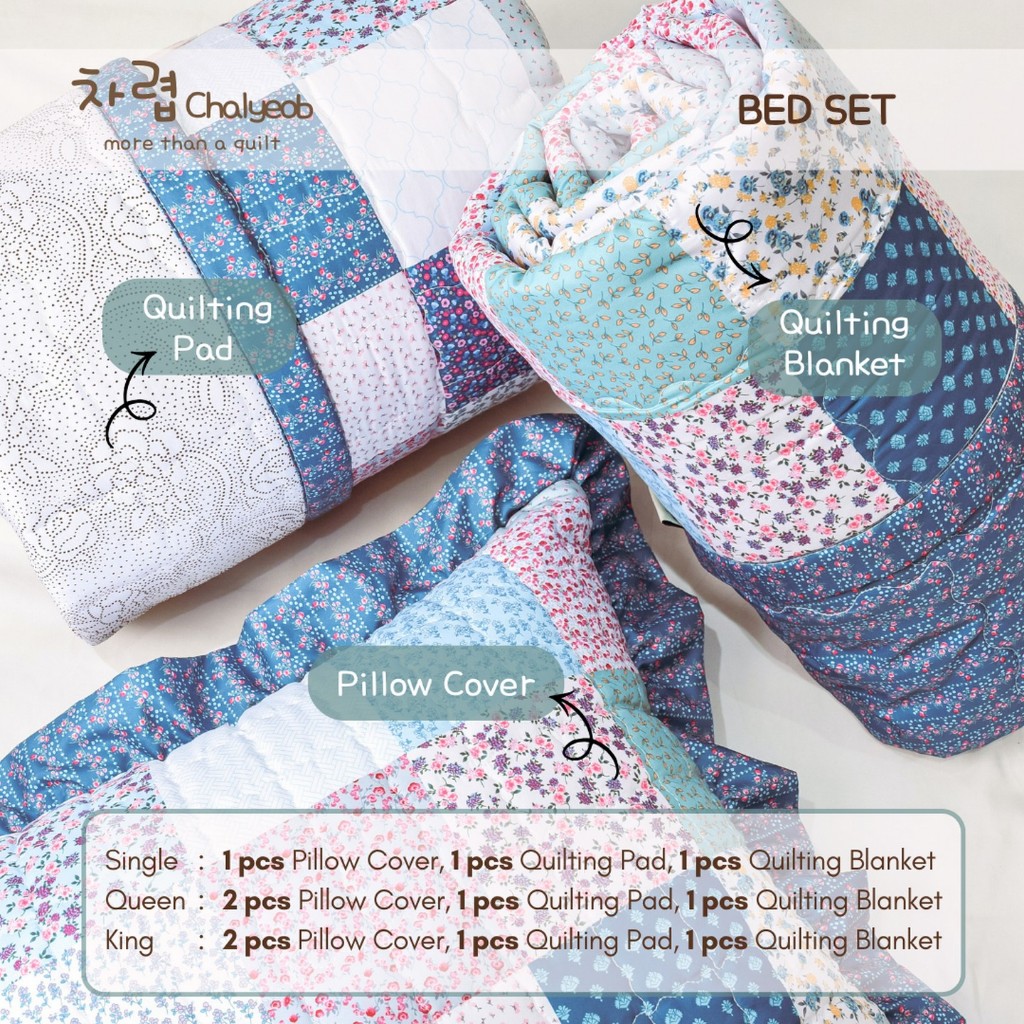 Chalyeob Quilting Sapphire Bed Set Korean Style – Blanket Pad Pillow Cover Estetik Motif Trendy (Pat
