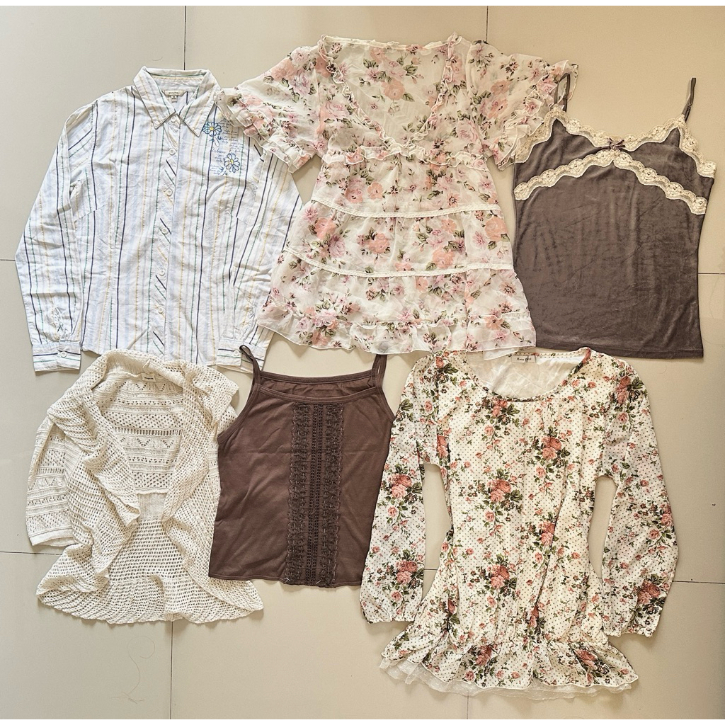 atasan cottage core babydoll umpak pink rosa cheri tanktop tali satu cardigan ruffle set brown tankt