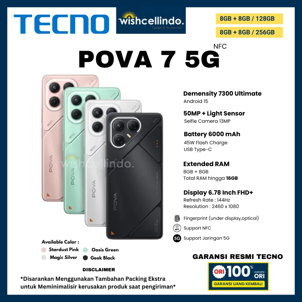TECNO POVA 7 5G 8/256GB,POVA 7 5G 8/128GB,POVA 7 8/256GB, dan POVA 7 8/256GB (GARANSI RESMI TECNO)