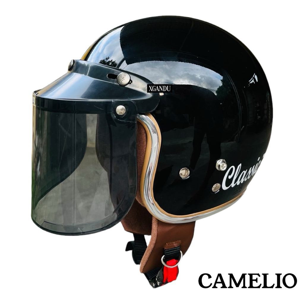 Helm Bogo Camelio Hitam Glossy Hijab Friendly Standar SNI Bisa Kaca & Pet Pria Wanita Remaja Dewasa