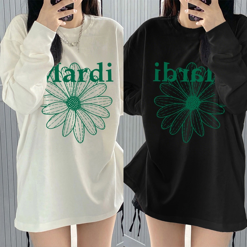 MONSEUR Kaos Lengan Panjang Wanita Gaya Korea Dengan Motif Bunga Daisy/Atasan Longgar Lengan Panjang