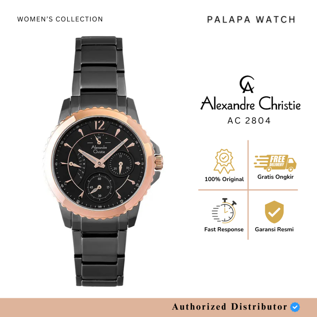 Jam Tangan Wanita Alexandre Christie AC 2804 / AC2804 Rosegold Black Rantai Original