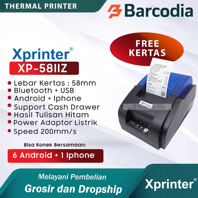 BARCODIA Printer Bluetooth XPRINTER 58IIZ Printer Thermal 58mm Multidevice Connection