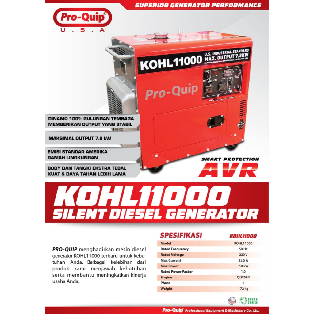 PROQUIP KOHL11000 Mesin Genset Silent Solar 7500 WATT / Generator Set