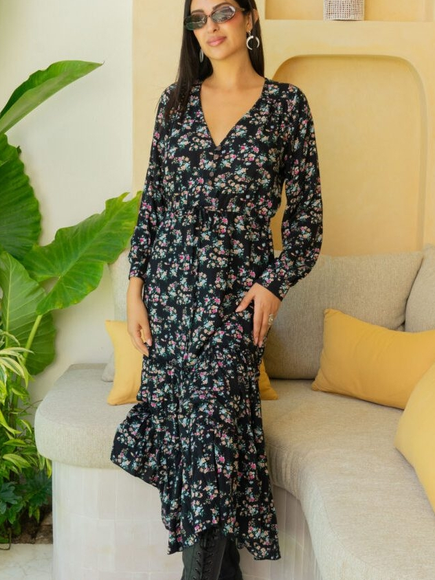 Gamis Rayon Premium / Dress Busui Maternity Friendly / Gaun Bohemian Hijab - Black Floral