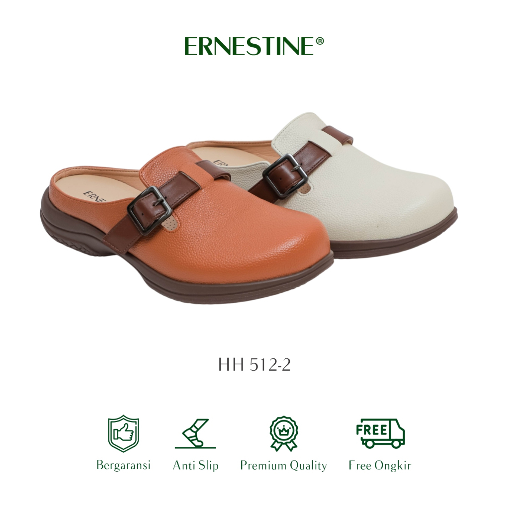 Ernestine Sepatu Sandal Casual Wanita, Warna Cream & Brown, slip on tinggi 2cm type HH512-2