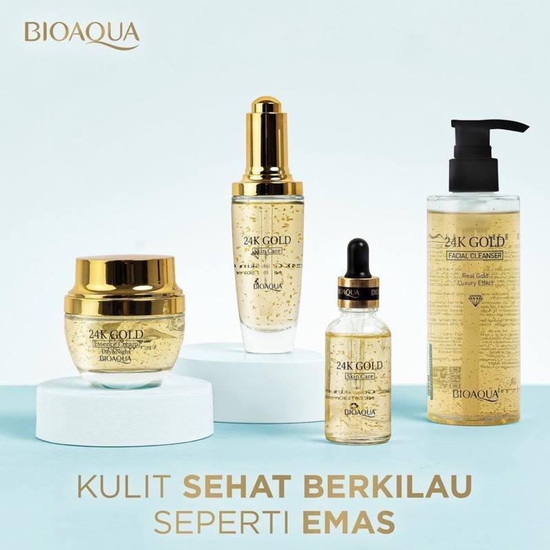 BIOAQUA 24K Gold Essence Cream Melembapkan Kulit 50g Emas 24K Hyaluronan dan 24K Skincare Serum 30g