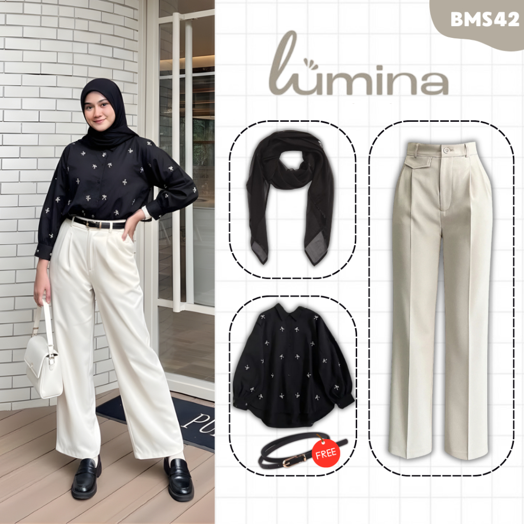 Satu Set Outfit Wanita Lucu { Blouse Zoya Katun, Bella Square, Belt, Orro Pant, Cutbray Jeans } Keki