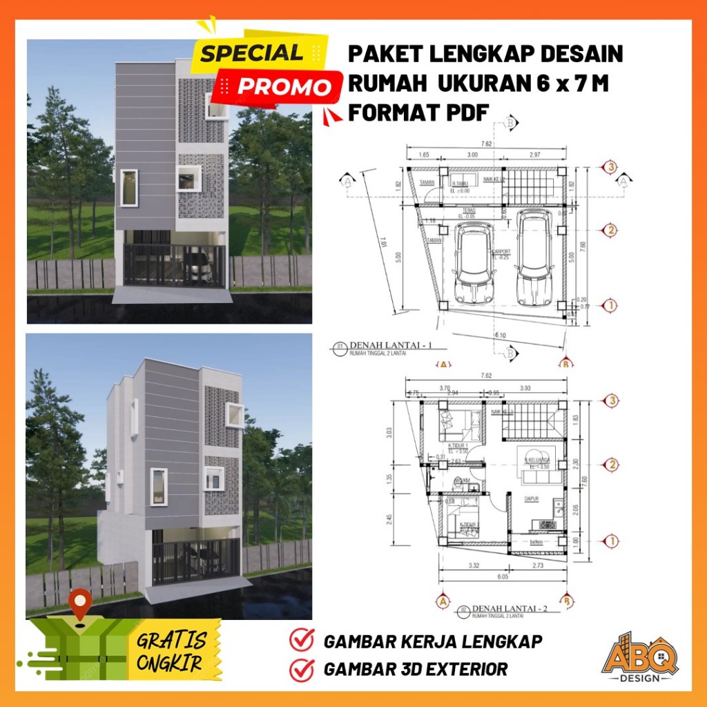 Gambar Kerja Desain Rumah  3 Lantai Ukuran 6 x 7 meter 3 Kamar Tidur