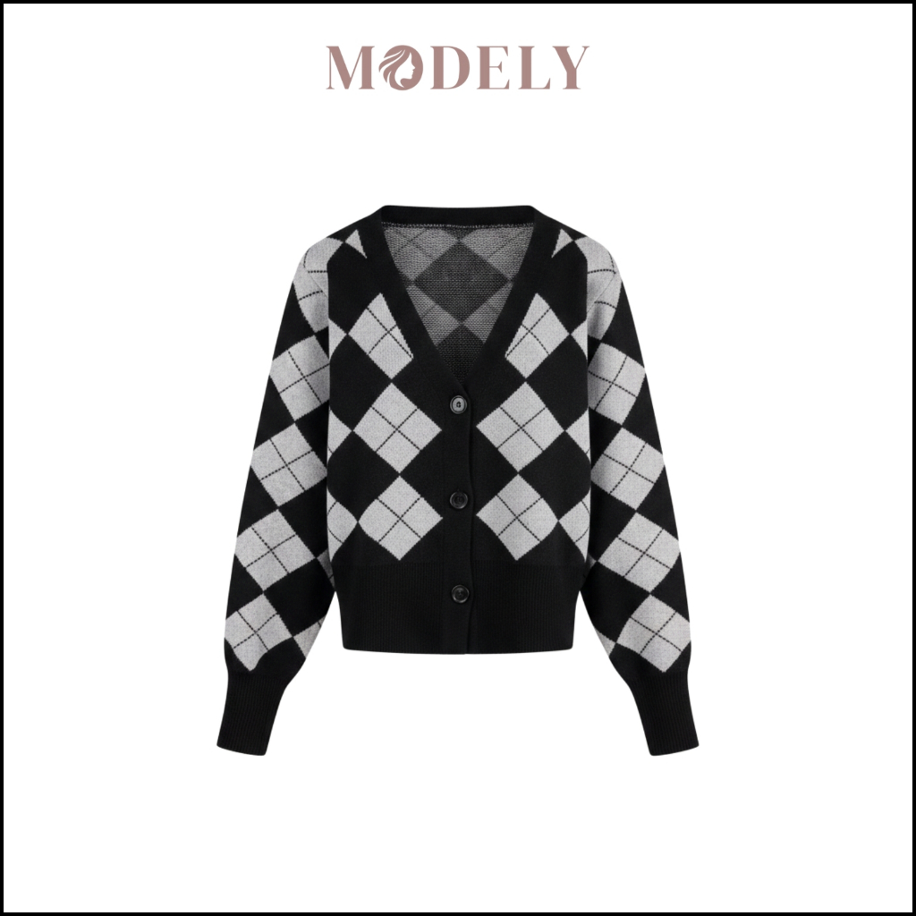 MODELY - Kardigan Tebal Lengan Panjang Wanita Vintage Cardigan Outer Motif Kotak Kancing SL037
