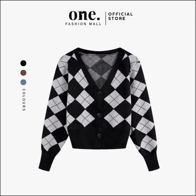 ONEFASHIONMALL SL037 Kardigan Tebal Lengan Panjang Wanita Vintage Cardigan Outer Motif Kotak Kancing