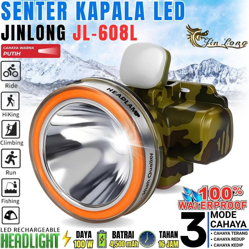 Senter Kepala LED wATERPROOF 100W JinLong JL-608L Cahaya Putih 3 Mode Super Terang