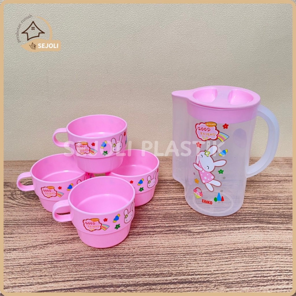 SET TEKO 950 ML + 4 PCS GELAS SAIGON PLASTIK TAHAN PANAS TEBAL PRINTING CANGKIR KARAKTER MINI